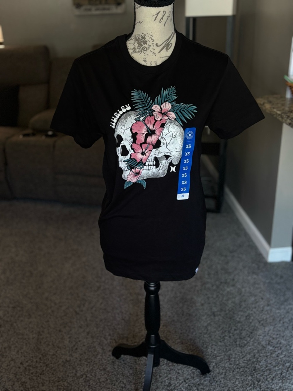 Hurley Black Tee with skull graphic
